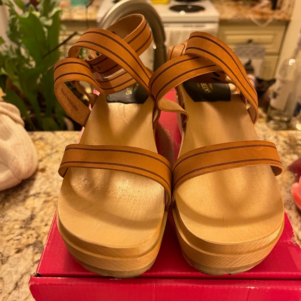Swedish Hasbeens Tan Leather Wooden Platform Sandals Designer Clogs - Picture 4 of 9